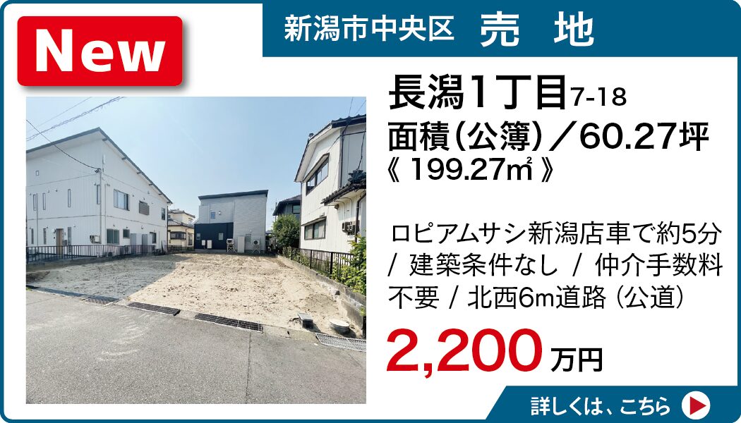 ロピアムサシ新潟店 車で約5分　建築条件なし 仲介手数料不要